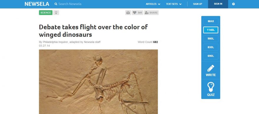 A recent news story about dinosaurs, above, was tapped by Newsela to provide science content.