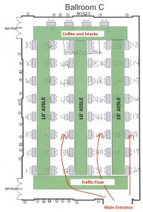 An exhibitor floor plan that encourages high foot traffic.