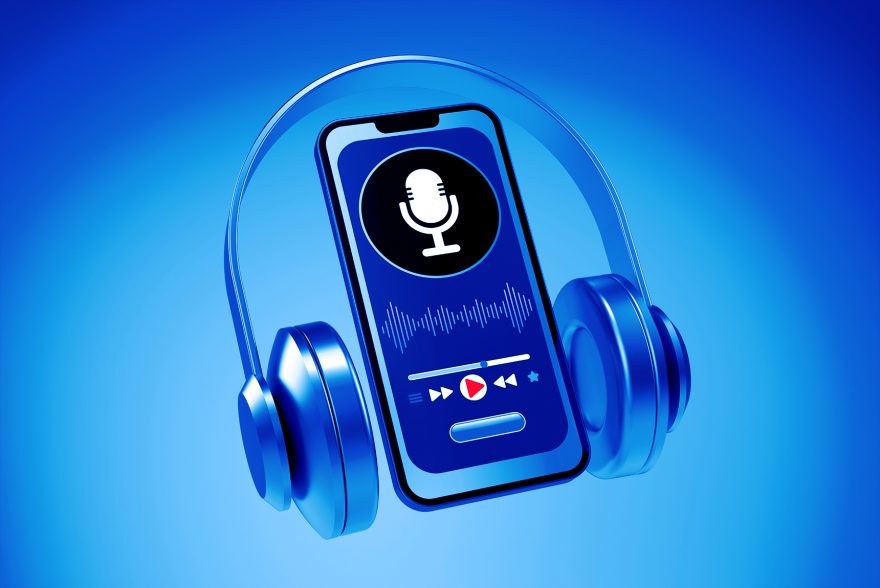 Online Podcast Concept: Podcast Audio Equipment. Audio Microphone, Sound Headphones, Podcast Application on Mobile Smartphone Screen. Recording Sound Voice.